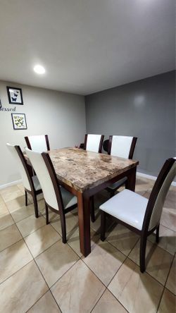 Solid Dining Table + 6 White Chairs - $200
