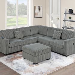 4-Piece Sectional Set W/ Ottoman
RAF/LAF One-Arm Loveseat W/USB + Corner Wedge + Cocktail Ottoman

Color: Smoke  Bonito Seccional De 4 Piezas 