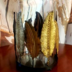 Gold Metal Feathers/Leaves With Glass Candle Holder
