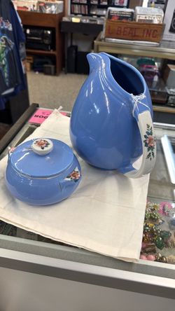 Vintage Hall’s Superior Quality kitchen ware Blue Ceramic Pitcher and Sugar Bowl Set