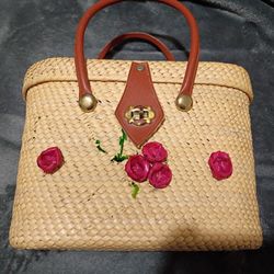 Vintage 1950's Rattan Floral Hand Bag Purse