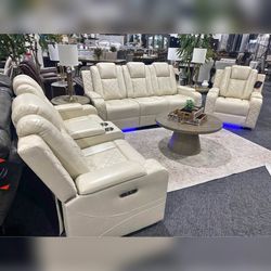 3PC Leather power recliner sofa set Off white Leather