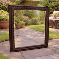 Vintage Wood Framed Mirror With Carved Detail, 30” x 36” - As Is 