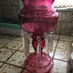 Pair Of Antique  Cranberry Glass Lusters With Crystal Prisms For Sale.$150  Worth $500