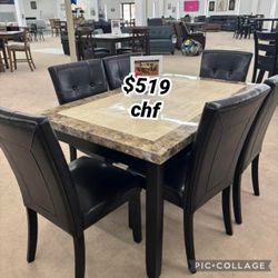 7-Pieces Wooden Dining Table Set with Black and Gray Faux Marble Top and Parson Dining Chair