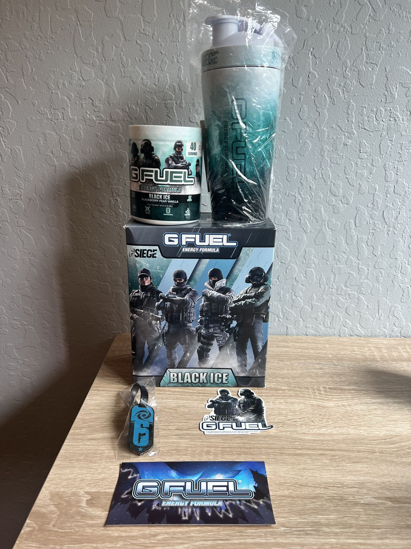 GFUEL Six Siege Black Ice Collector's Box + Metal Shaker + Charm Tag T
