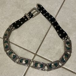 Unisex Western-Style Black Leather Adjustable Belt. Turquoise w/Embossed Silver Eagles