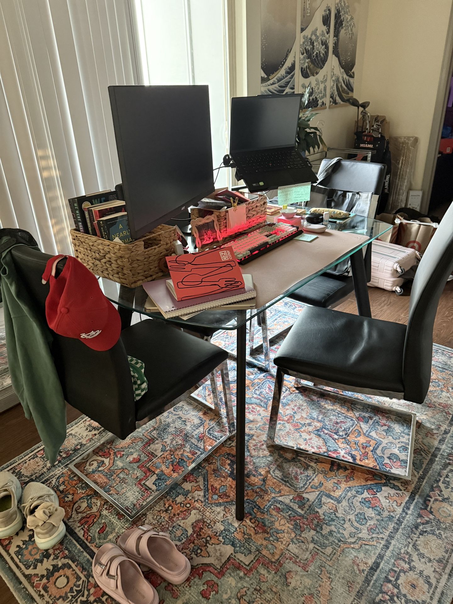 Glass Table & 4 Faux Leather Chairs - Like New