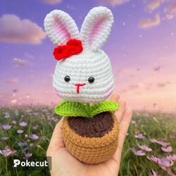 Unique Bunny Rabbit with Red Bow Flower Crochet Handmade Cute Gift Decoration
