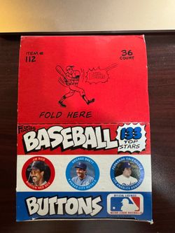Box of vintage 1984 Fun Foods Baseball Buttons