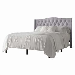 Glam Velvet Crystal Button Tufted Upholstered Platform Bed Silver Grey Queen not request box spring