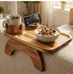 Wooden Sofa Arm Tray with Cup Holder and Phone Stand