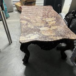 Solid Marble Top Carved Wood Coffee Table – Heavy, Elegant, Vintage