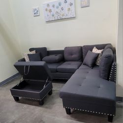 ✅️✅️ 3 pc charcoal linen like fabric sectional sofa drop down cup holder chaise and ottoman nail head trim ✅️