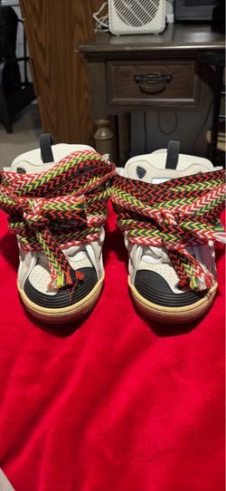 White Lanvin Sneaker With Multi-Color ZigZag Laces