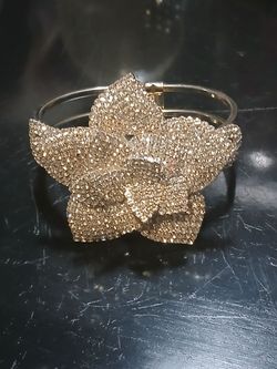 CHRISTIAN SIRIANO SILVER TONE PAVE CRYSTALS ROSE FLOWER BANGLE,CUFF BRACELET
