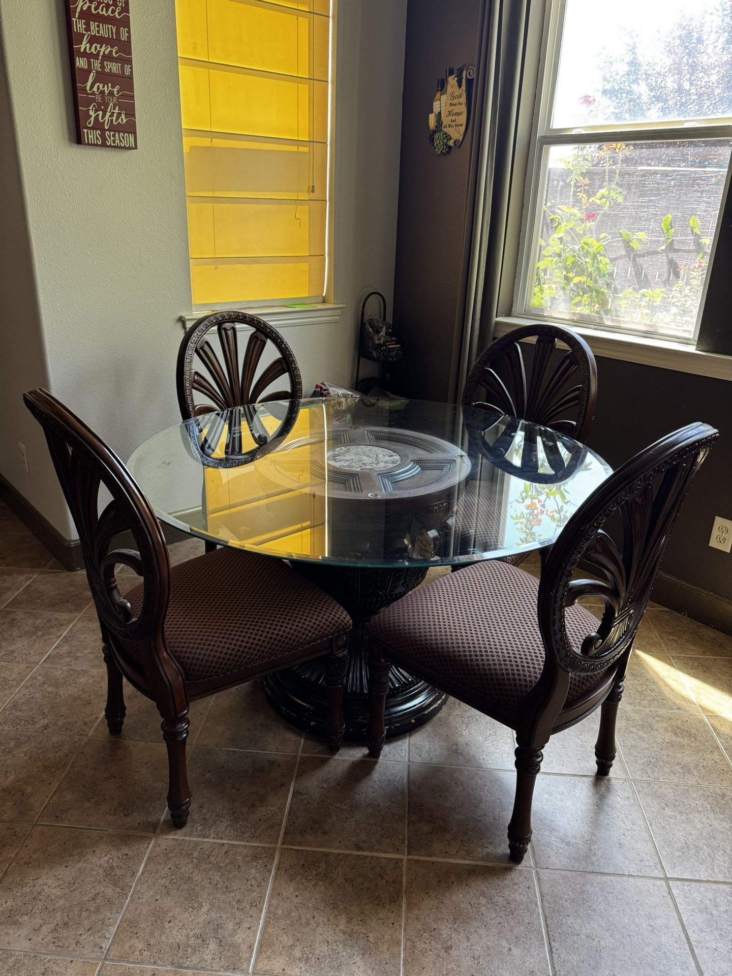 Elegant Carved Mahogany Glass-Top Dining Table Set w/ 4 Upholstered Chairs