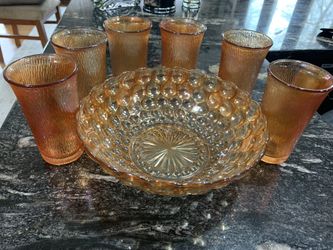 Vintage Anchor Hocking Bubble Iridescent Round Vegetable Bowl; 6 Accompanying Drinking Glasses 