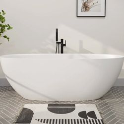 65'' Solid Surface Stone Resin Modern Oval Shaped Freestanding Soaking Bathtub with Overflow