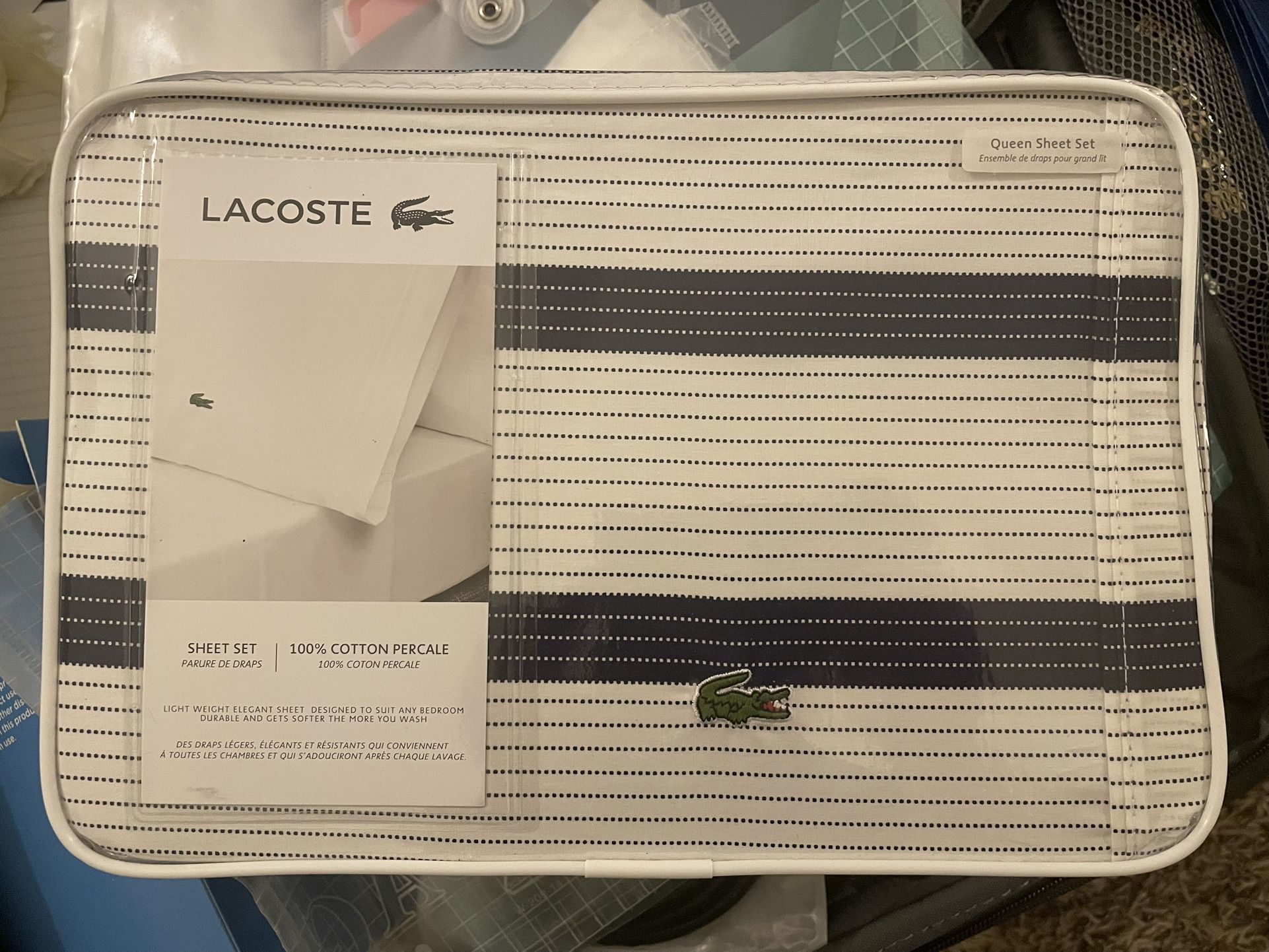 Brand New Lacoste 100% Cotton Percale Queen Sheet Set
