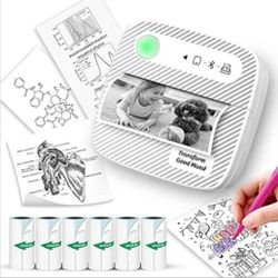 Mini Printer with 6 Rolls Sticker Paper, Receipt Printer for Study Notes, Pictures, DIY, Label, App