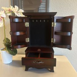 Wooden Jewelry Box Table Top With Cabinet And Drawers And Mirror