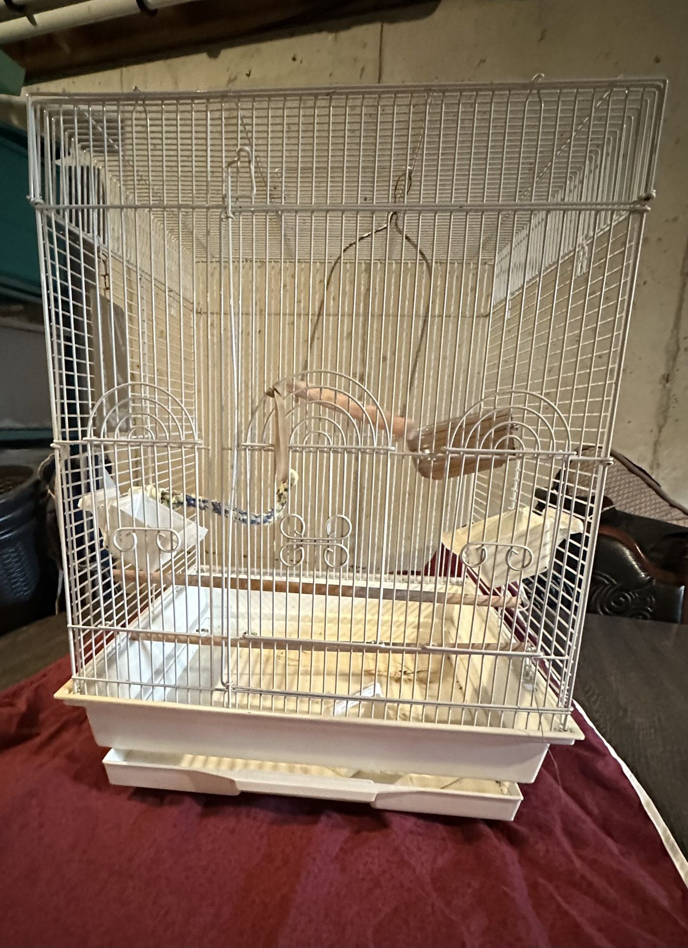 Bird Cage White With Food Dishes Mirror Cover & Extras