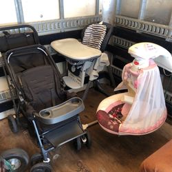 Excellent Condition  This Set Of 3 Chico High Chair , Fisher Price Bouncer & Joovy  Stroller 