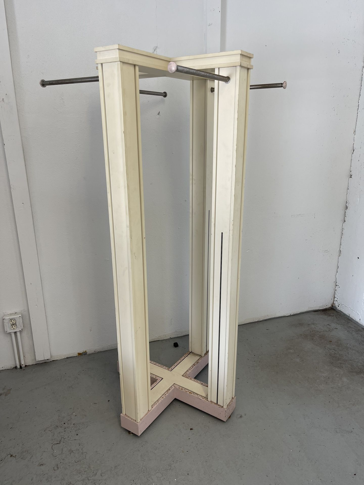 Off White Wood 4 Way Retail Store Free Standing Clothes Rack With Slat Inserts  Can Add Shelves
