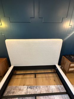 Oatmill linen upholstered Full Size headboard and bed frame