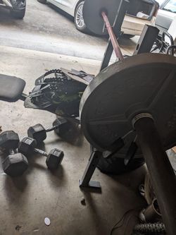 Plates, Barbell, Dumbbells. 
