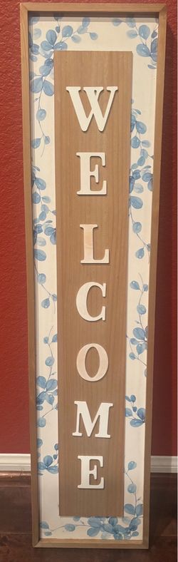 Welcome Sign, 4 ft., Oak, Blue/White Floral
