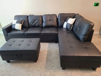 New in box black faux leather sectional storage ottoman pillows