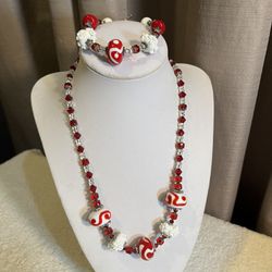 Artisan Red White Clear Glass Beaded Necklace & Bracelet Set