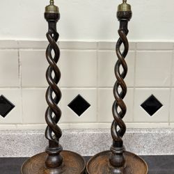Antique English Barley Twist Open Candlesticks Candle Holders Oak Pair