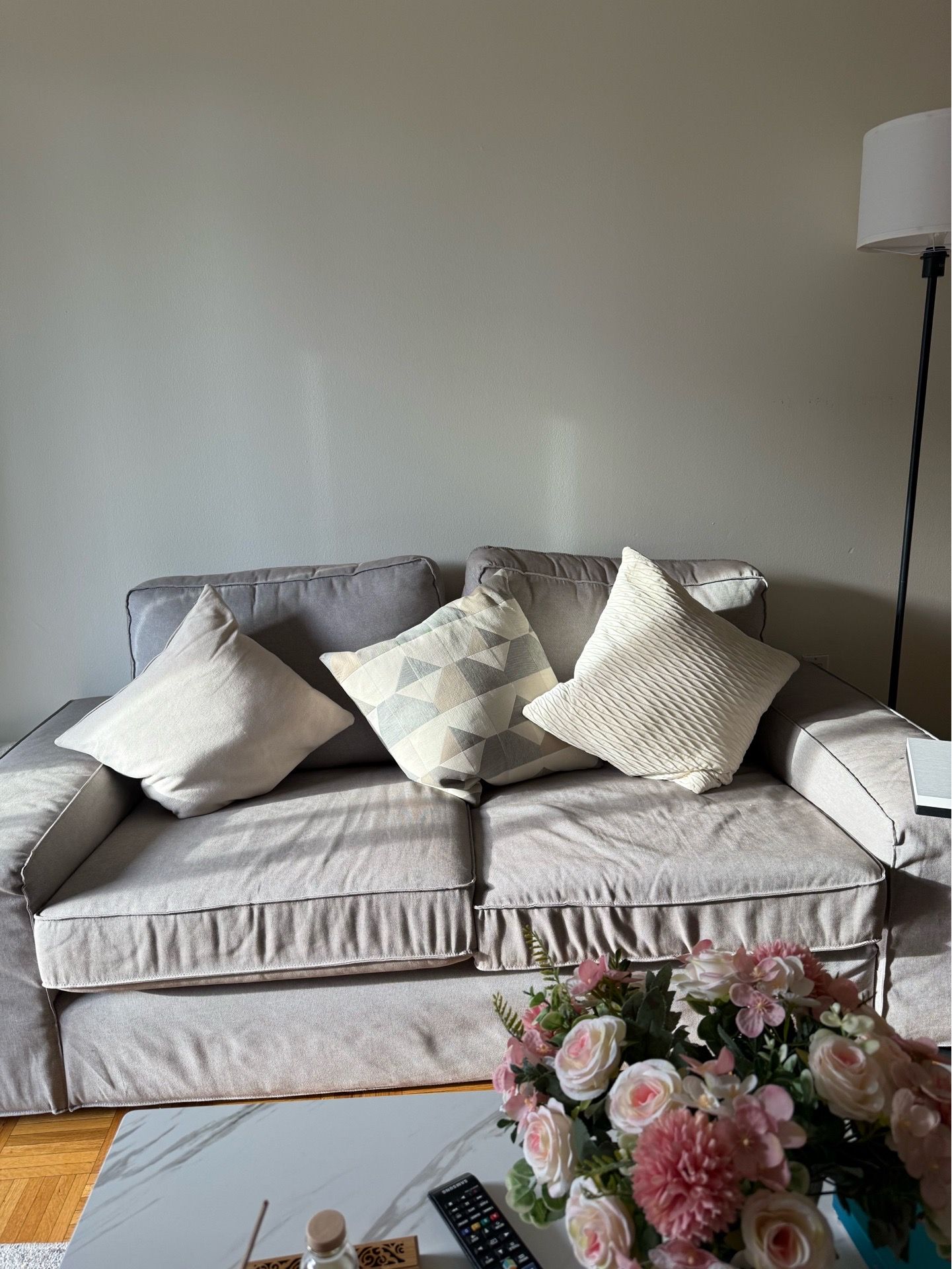 Gray Loveseat Sofa + 3 Decorative Pillows – $120