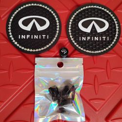 Infinity Car Cup Coasters and Tire Valve Caps NEW 