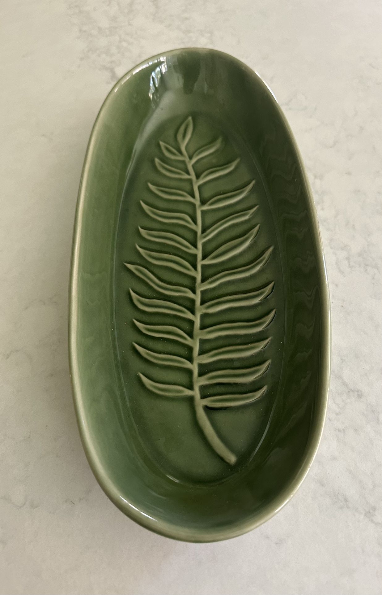 Elongated 14.5” Green Serving Dish with Leaf Pattern
