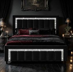 Full Size Bed Frame with Velvet Upholstered Headboard, Black
Diamond Design Headboard and Footboard, Soft Plush Fabric, Wooden Slats, No Box Spring Ne