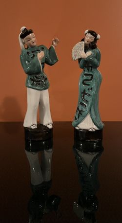 Vintage MCM Chinoiserie Asian Man and Woman Figurines 11 Inches Tall Set of 2