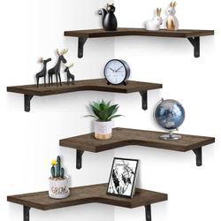 EACHPAI Corner Floating Shelves Wall Mounted Set of 4, Rustic Wood Wall Storage Shelves for Bedroom, Living Room, Bathroom, Kitchen, Office and More