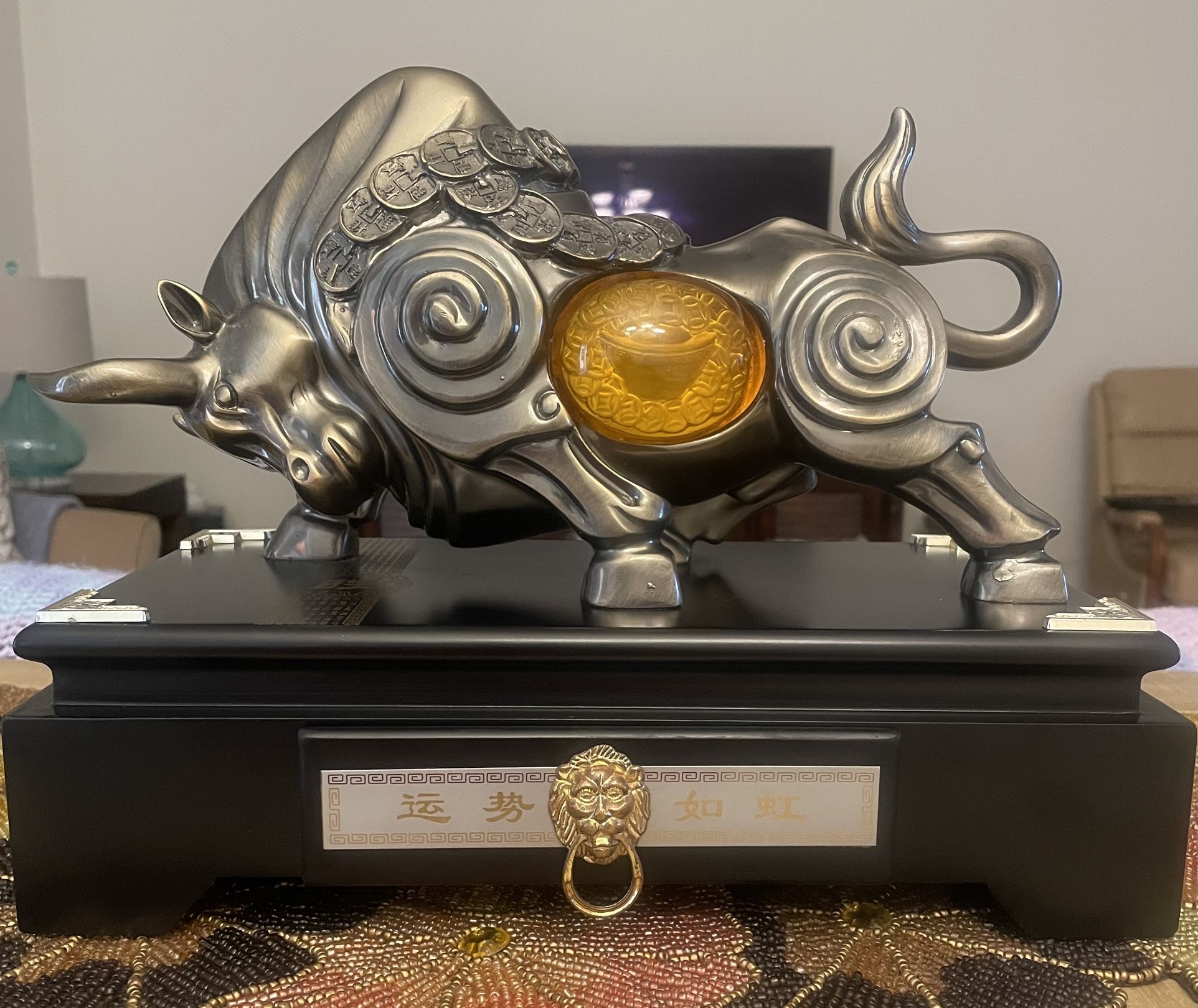 Feng Shui Statue, Money Bull Statue with Base Bronze Bull Finish Figurine for Investor desk