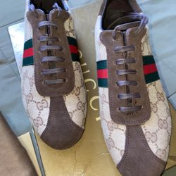 Vintage Gucci Beige/Brown GG Canvas and Suede Web Low Top Sneaker