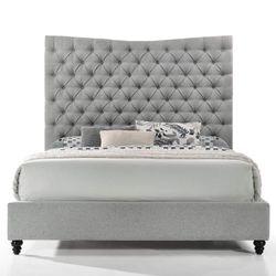 GLAM GRAY FABRIC TUFTED HIGH HEADBOARD CAL OR EASTERN KING SIZE BED FRAME - CAMA GRIS