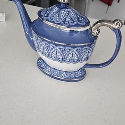 Bombay Company Cobalt Blue White Tea Pot with Lid Silver Trim