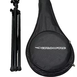 Instagrams Drum Fire Practice Pad with stand, a pair of drumsticks, and carrying bag