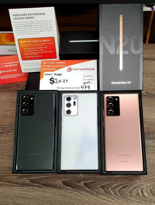 SAMSUNG GALAXY NOTE 20 ULTRA 5G 128GB UNLOCKED.  NO CREDIT CHECK $1 DOWN PAYMENT OPTION. 3 MONTHS WARRANTY * 30 DAYS RETURN * 