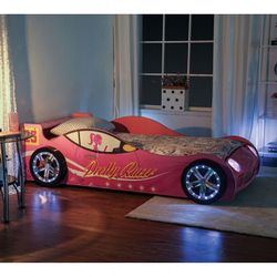 RACE CAR PINK TWIN SIZE BED FRAME LED LIGHTS CAMA CARRO ROSADO