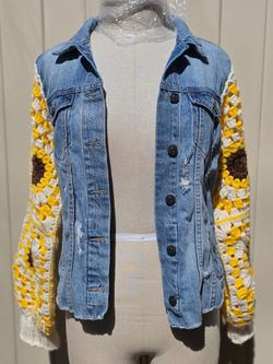 Women's Denim Jacket with Sunflower Crocheted Sleeves