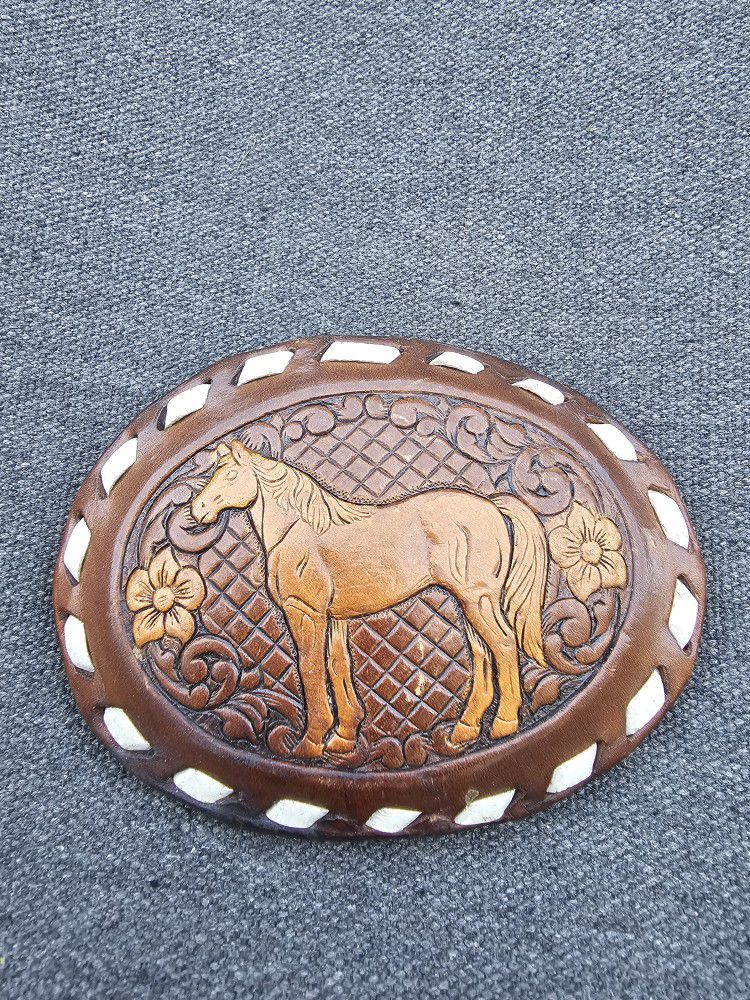 Vintage Belt Buckle Hand Tooled Western Cowboy Horse & Flowers Rodeo Leather 
